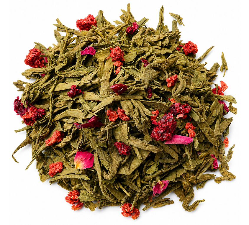 Love Tea Leo Tea – zielona herbata z czerwonymi owocami, kakao, truskawką, wiśnią i różą